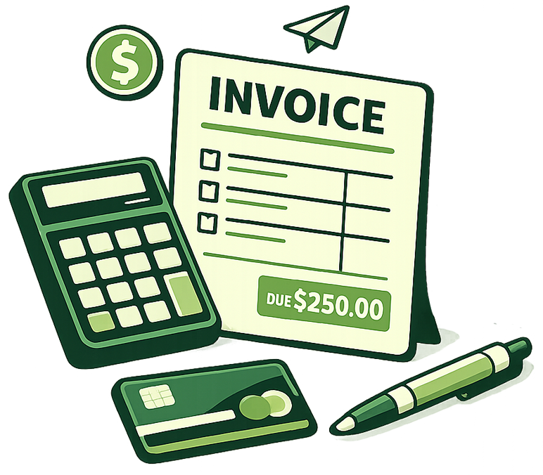 Invoice illustration with calculator, bills, and receipts